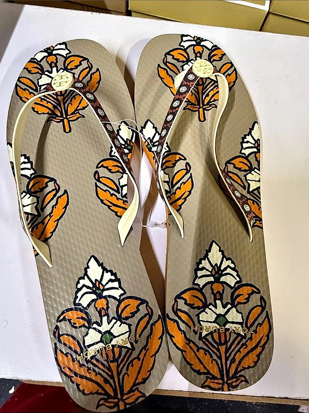Tory Burch Flat Flip Flop Floral Flip Flops Orange & Black US 8 NWT